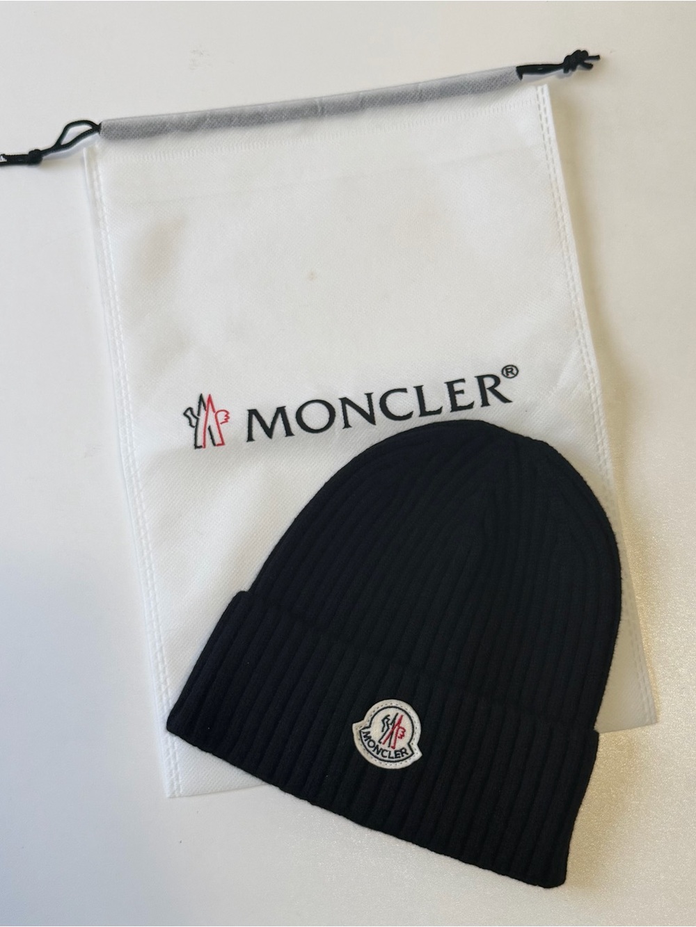 Moncler Black Ribbed Logo Cuff Beanie